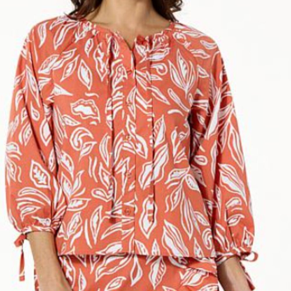 G by Giuliana Red Orange White Floral Poplin Blouse Boho XS